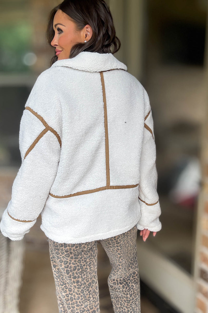 Le Lis Ivory Lapel Collar Jacket With Front Zip Closure