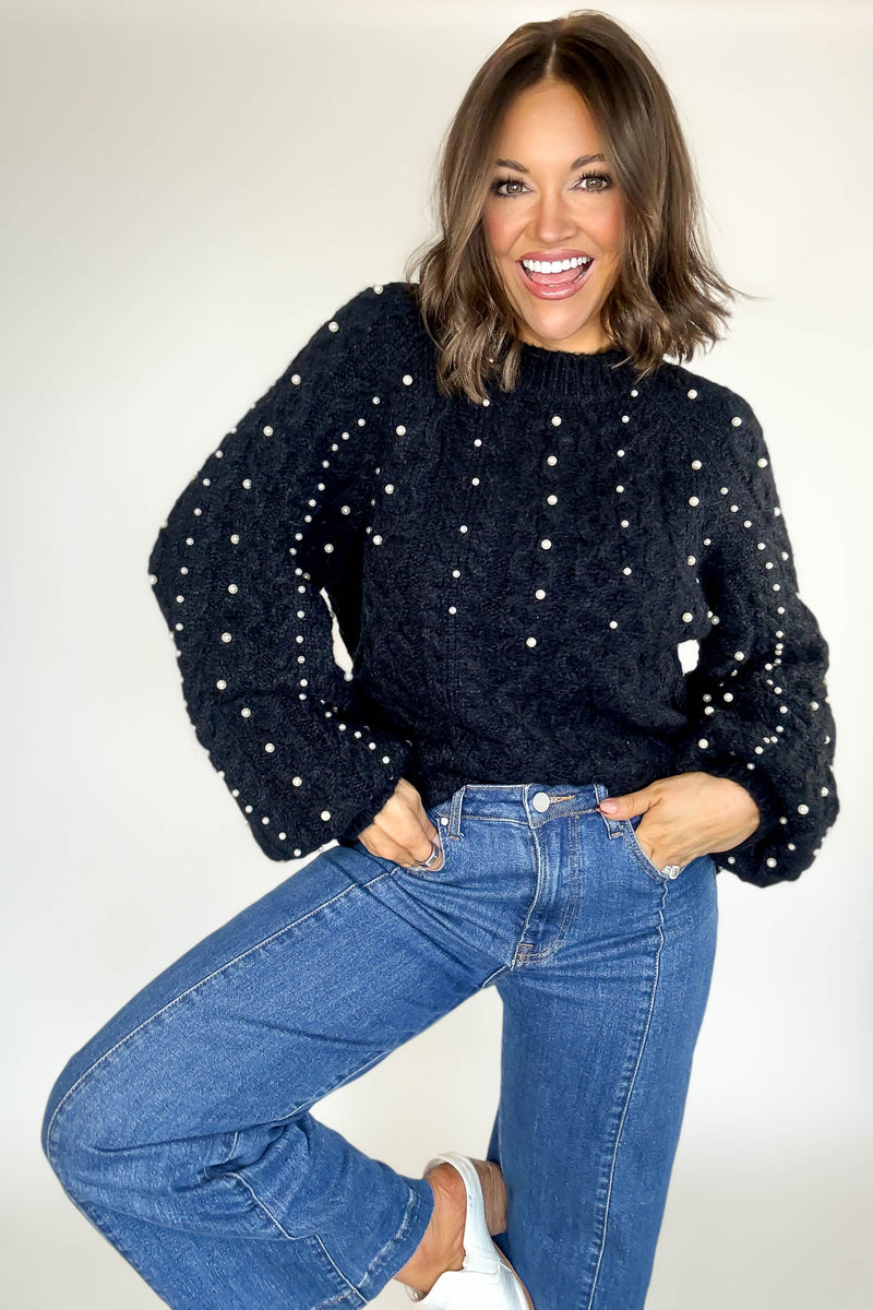 Black Pearl Detail Fuzzy Cable Knit Sweater