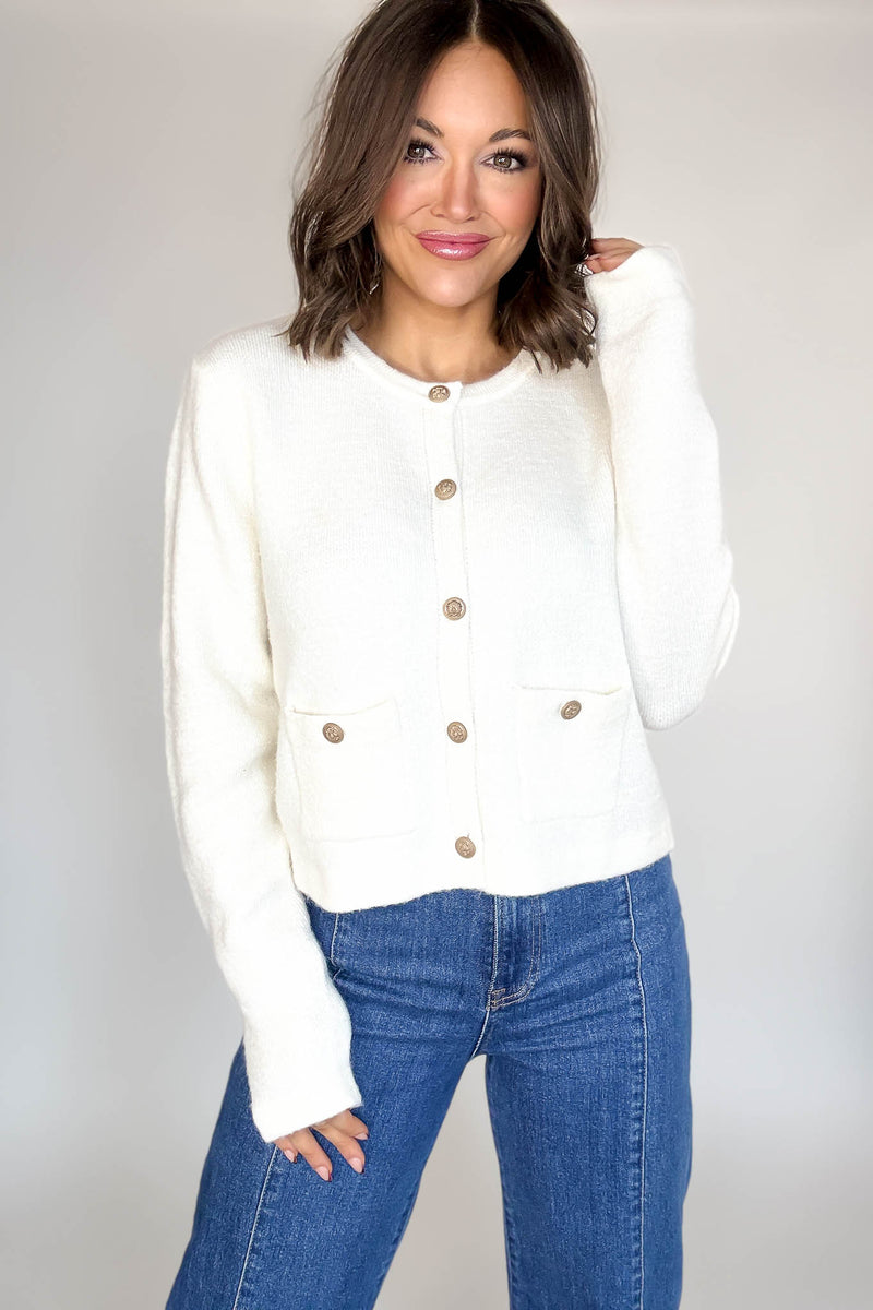 Cream Round Neck Cardigan With Baroque Buttons