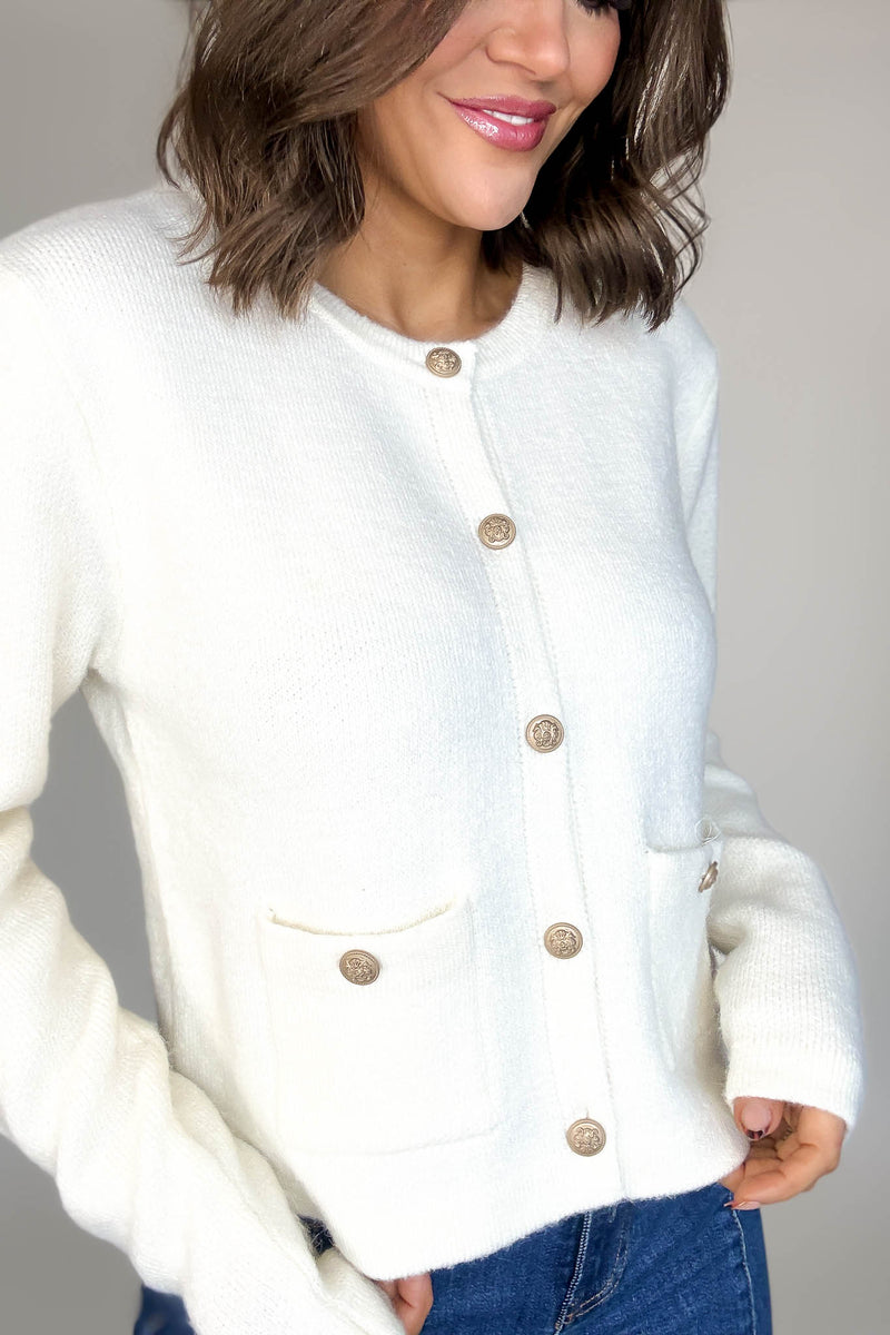 Cream Round Neck Cardigan With Baroque Buttons