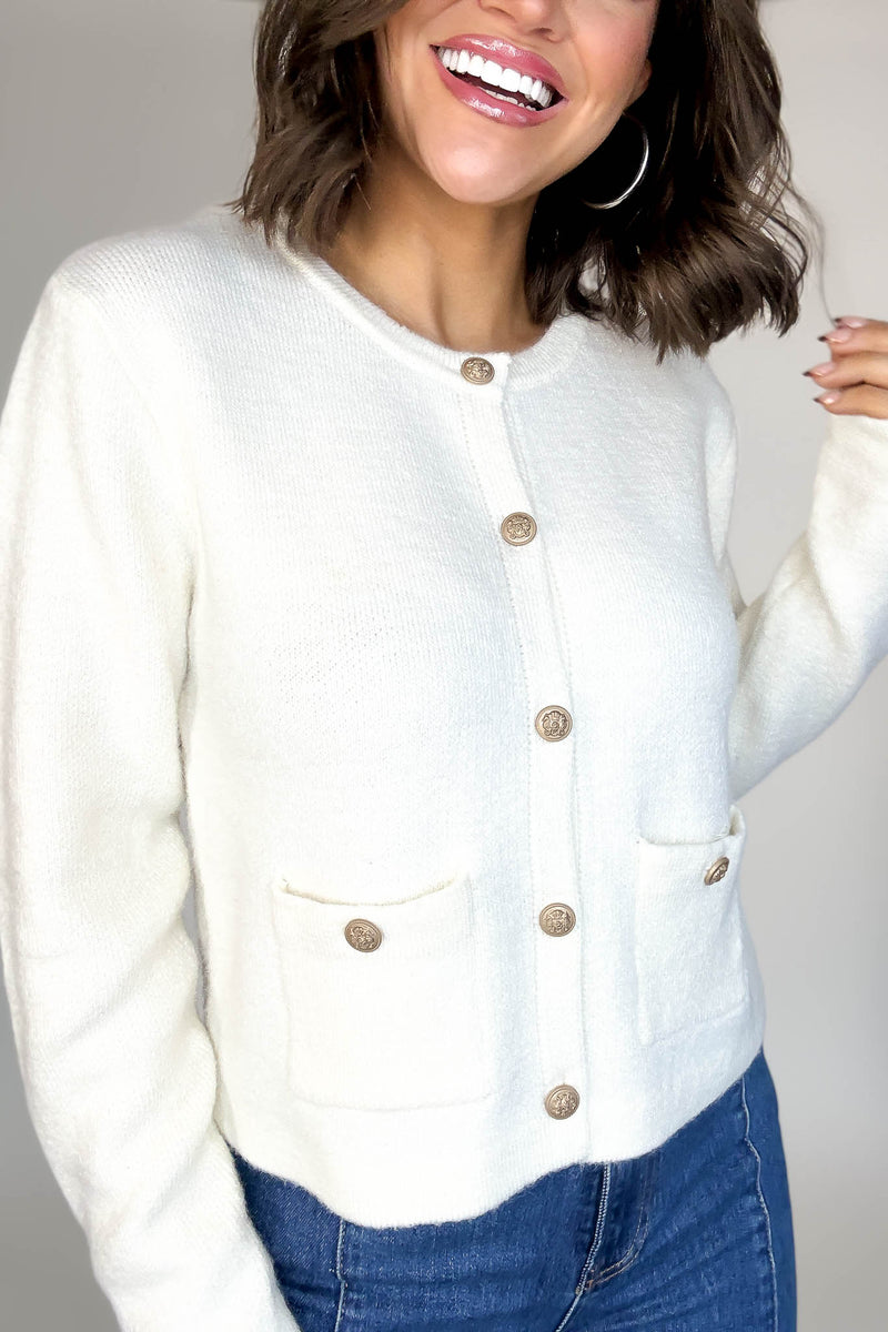 Cream Round Neck Cardigan With Baroque Buttons
