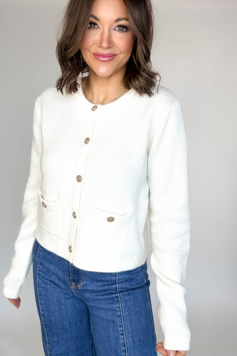 Cream Round Neck Cardigan With Baroque Buttons
