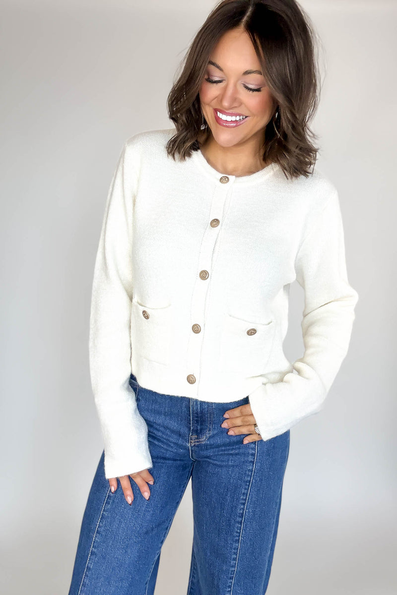 Cream Round Neck Cardigan With Baroque Buttons
