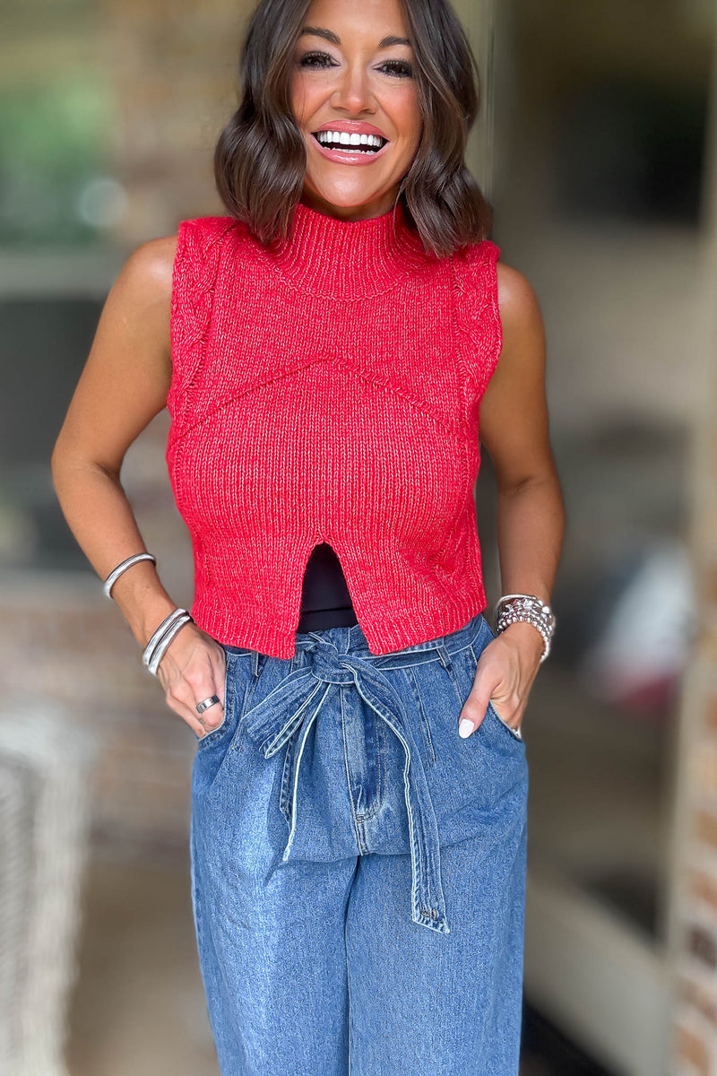 Le Lis Red Mock Neck Cutout Crop Sweater Top