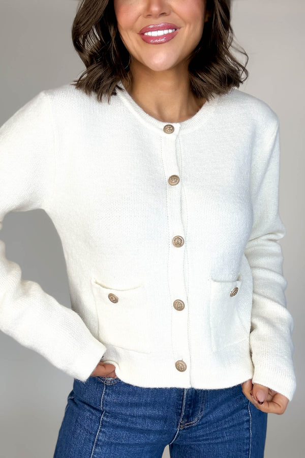 Cream Round Neck Cardigan With Baroque Buttons