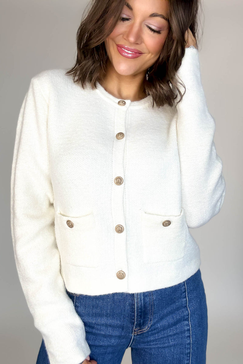 Cream Round Neck Cardigan With Baroque Buttons