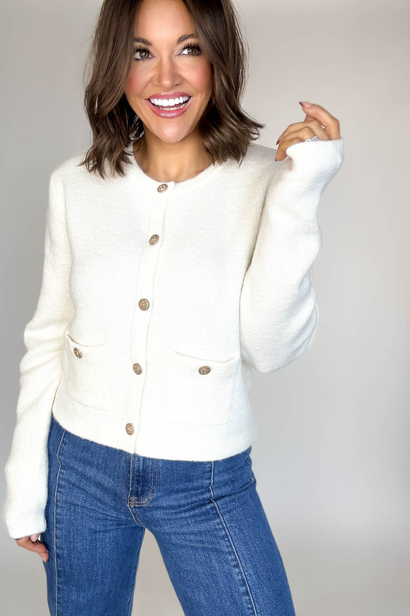 Cream Round Neck Cardigan With Baroque Buttons