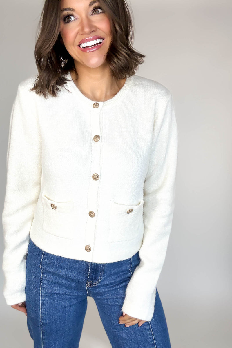 Cream Round Neck Cardigan With Baroque Buttons
