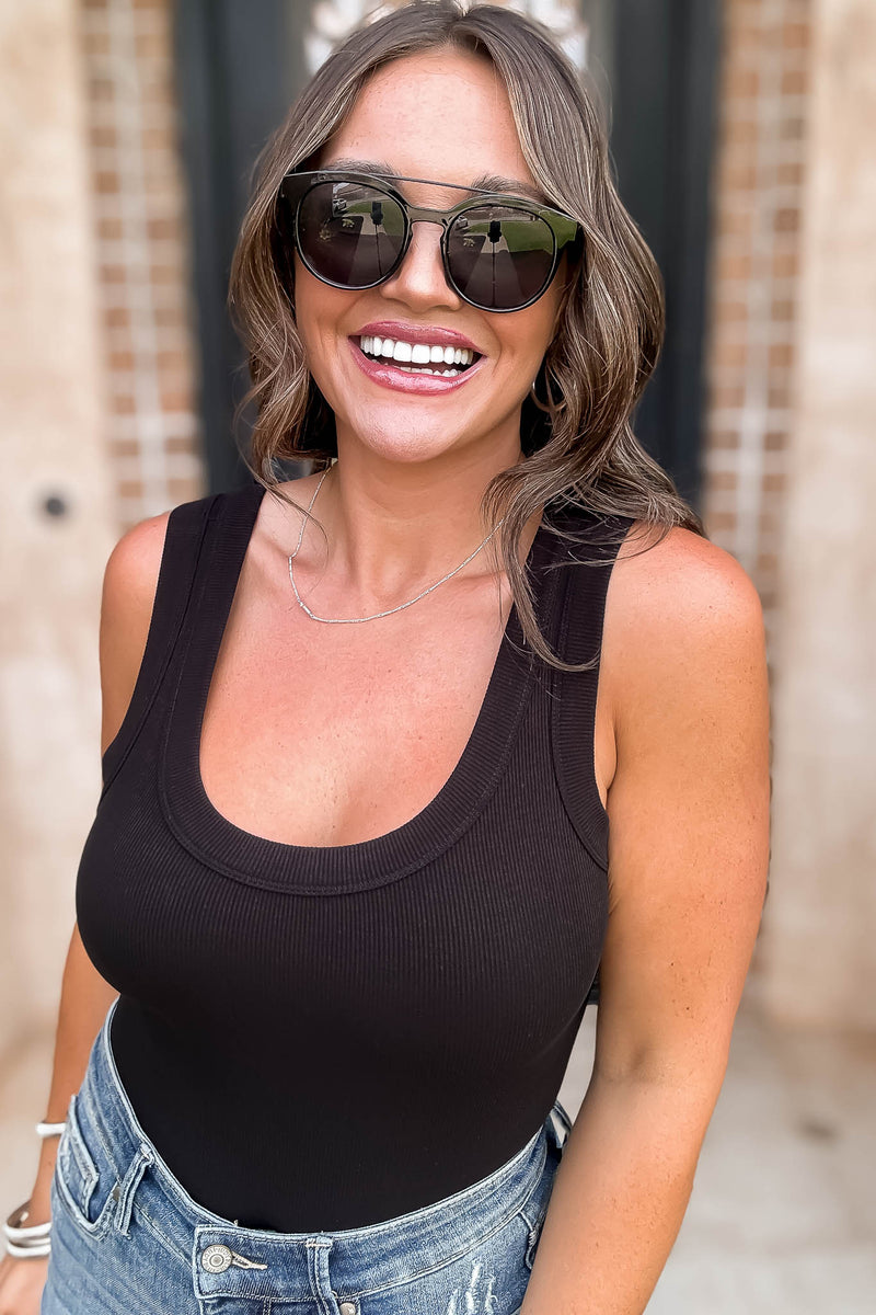 Mono B Black Ribbed Tank Top Bodysuit