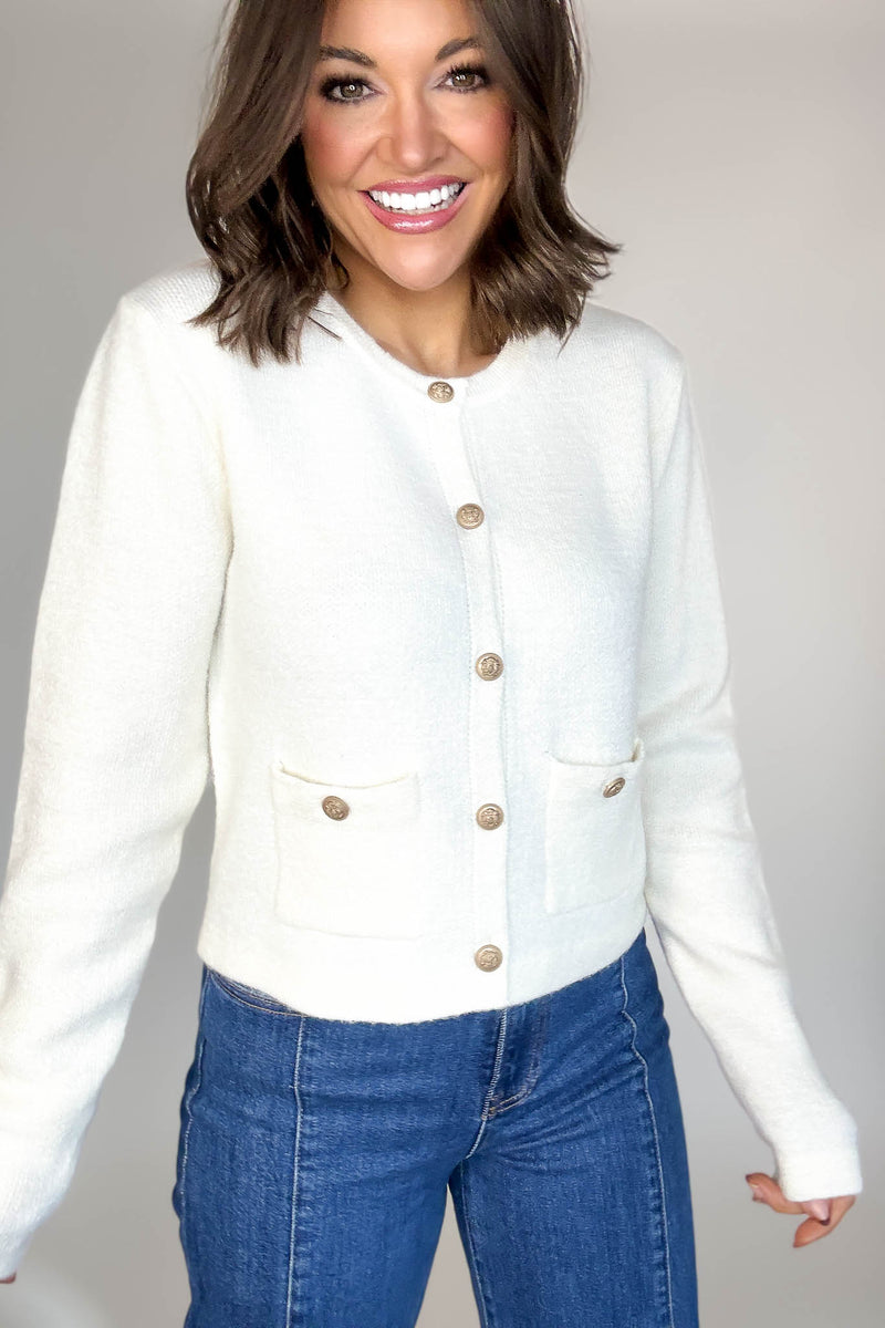 Cream Round Neck Cardigan With Baroque Buttons