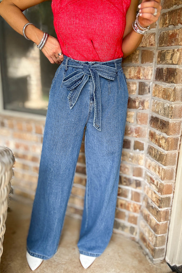 Le Lis Denim Belt Detail High Waist Wide Leg Pants