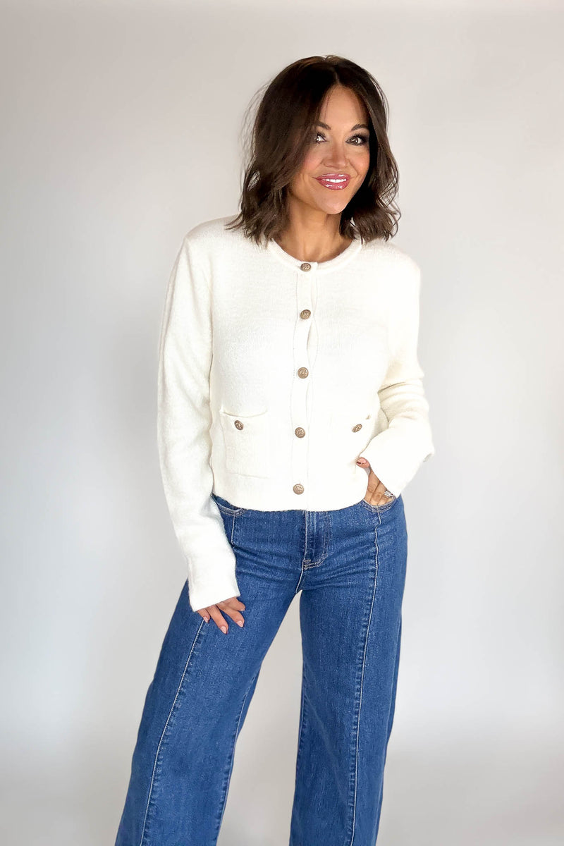 Cream Round Neck Cardigan With Baroque Buttons