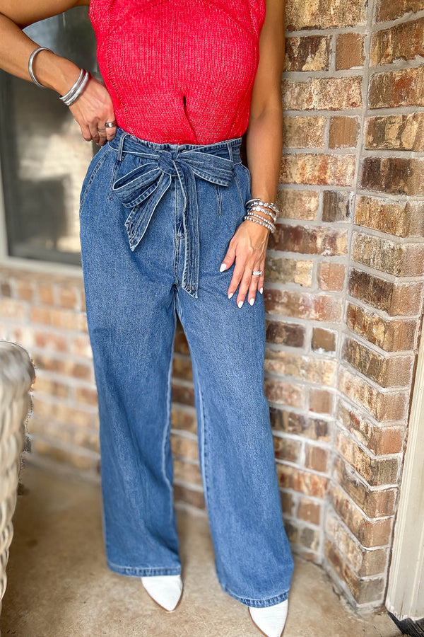 Le Lis Denim Belt Detail High Waist Wide Leg Pants