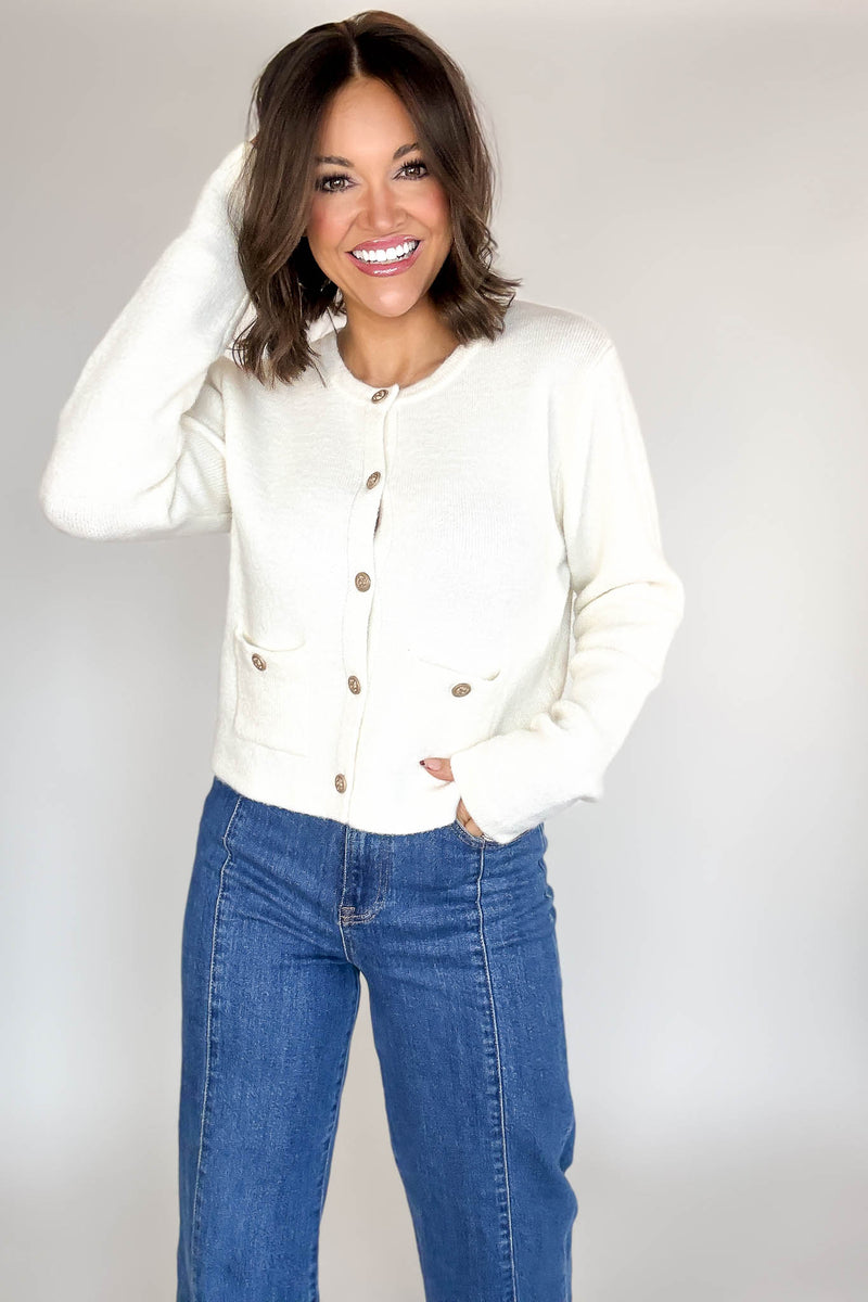 Cream Round Neck Cardigan With Baroque Buttons