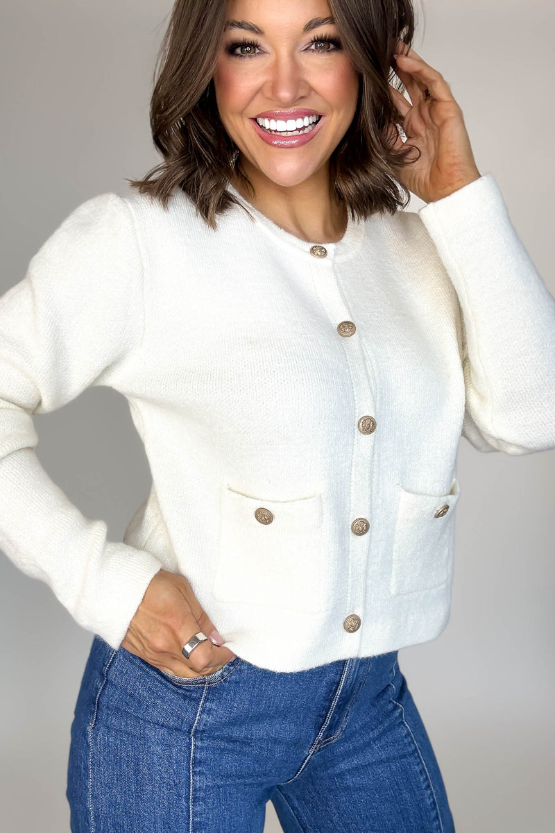 Cream Round Neck Cardigan With Baroque Buttons