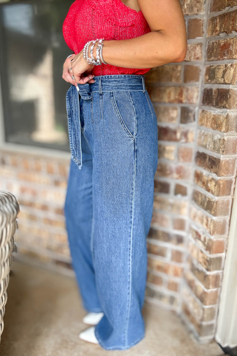 Le Lis Denim Belt Detail High Waist Wide Leg Pants