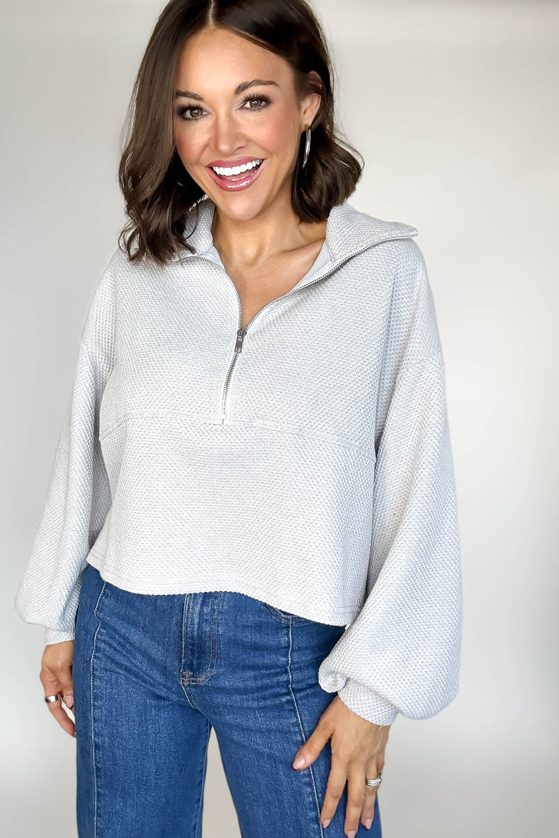 Silver Cotton Thermal Cropped Half Zip Pullover