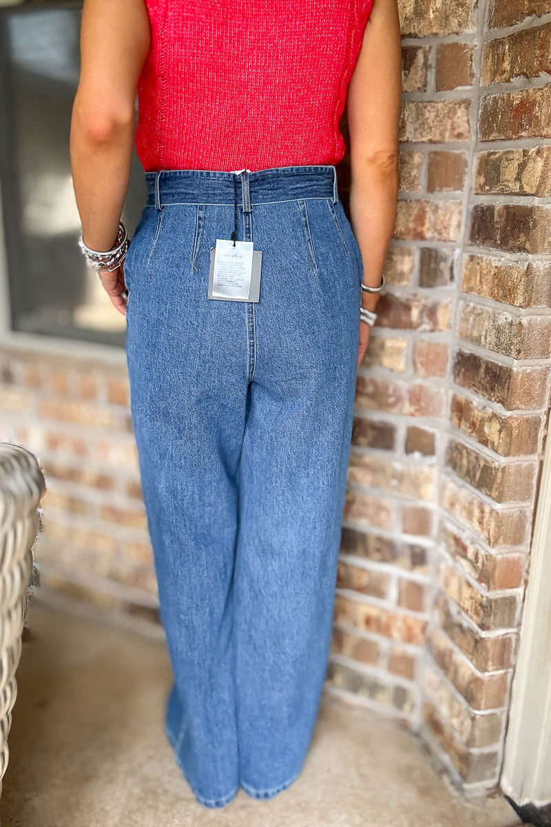 Le Lis Denim Belt Detail High Waist Wide Leg Pants