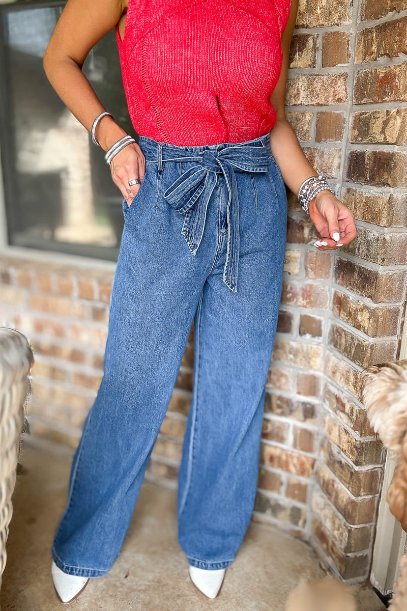 Le Lis Denim Belt Detail High Waist Wide Leg Pants