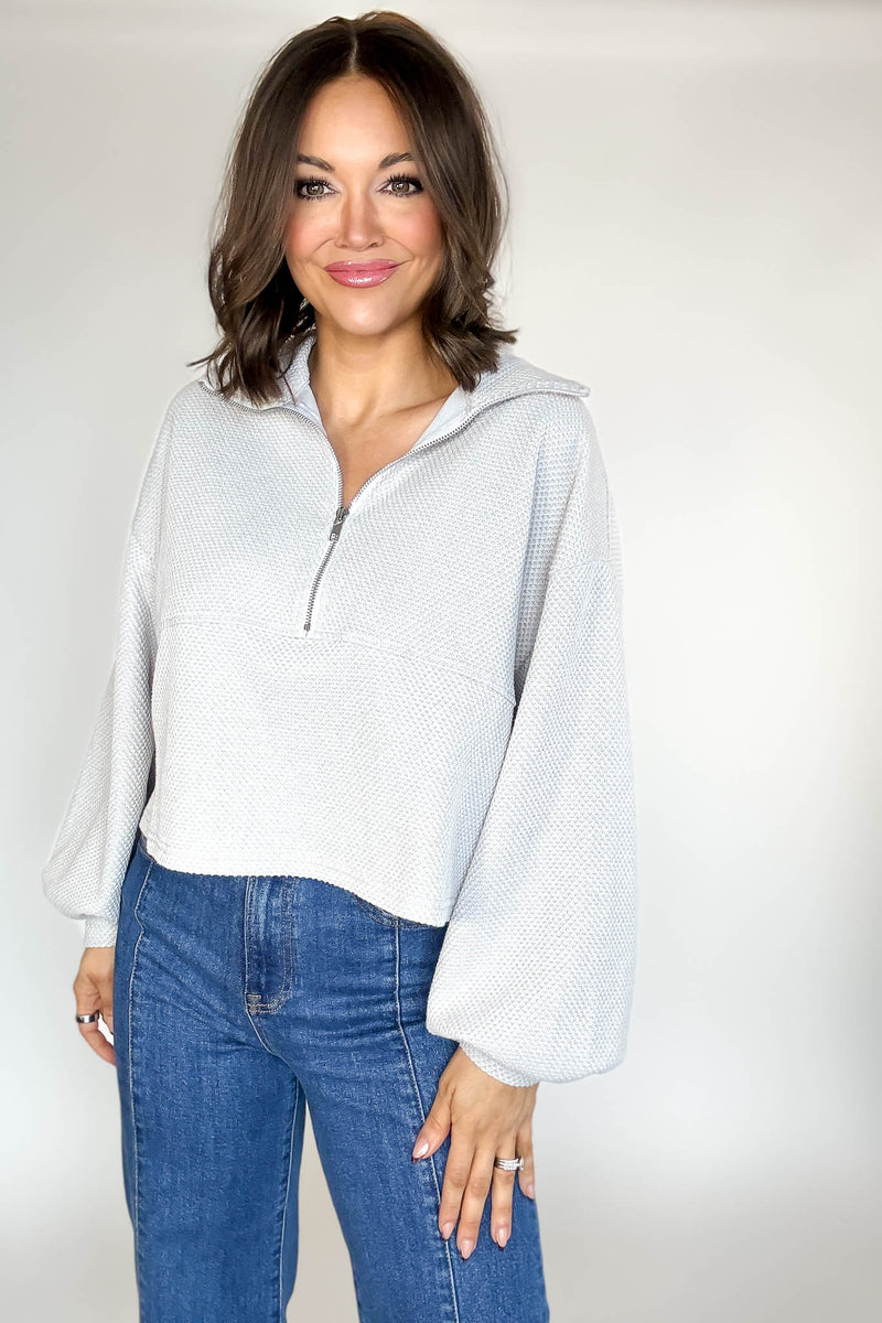 Silver Cotton Thermal Cropped Half Zip Pullover