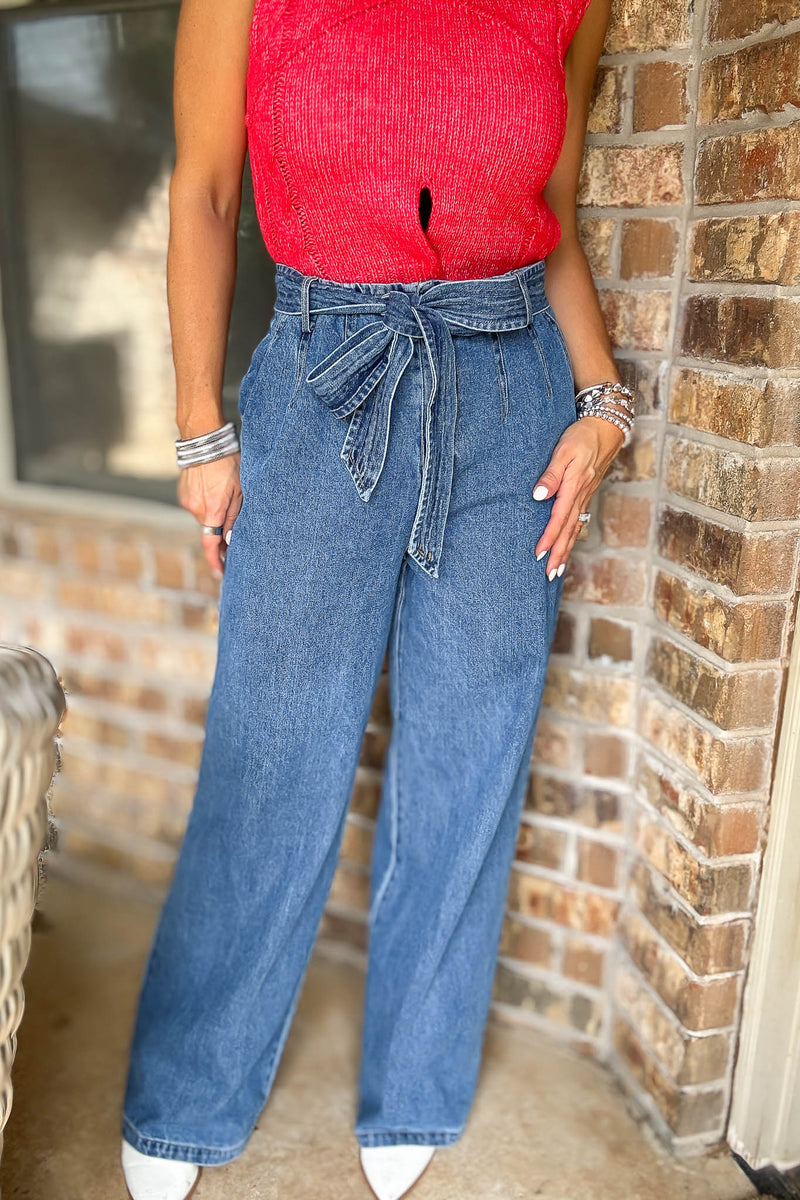 Le Lis Denim Belt Detail High Waist Wide Leg Pants