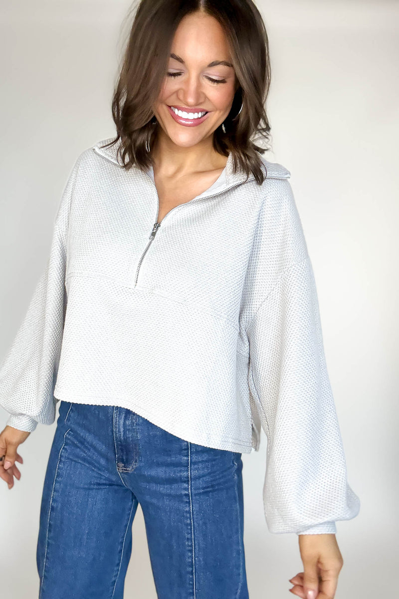 Silver Cotton Thermal Cropped Half Zip Pullover