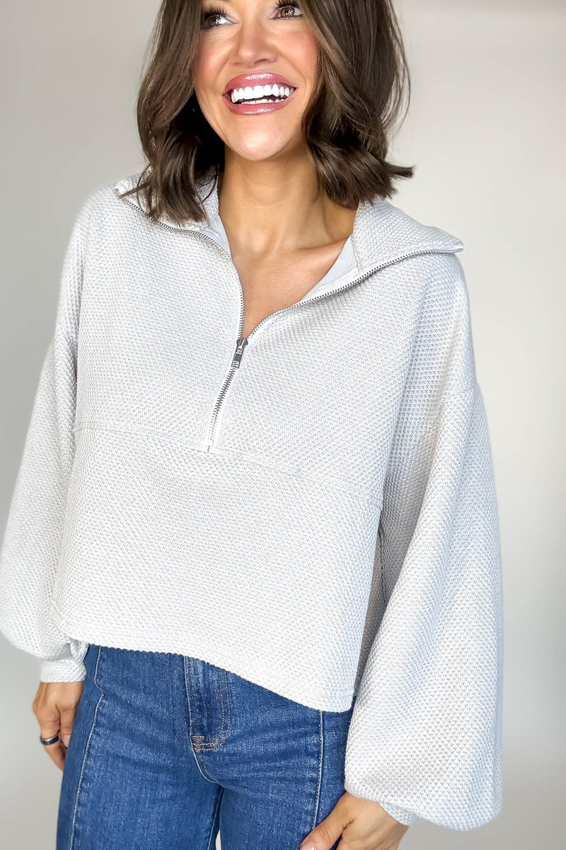 Silver Cotton Thermal Cropped Half Zip Pullover