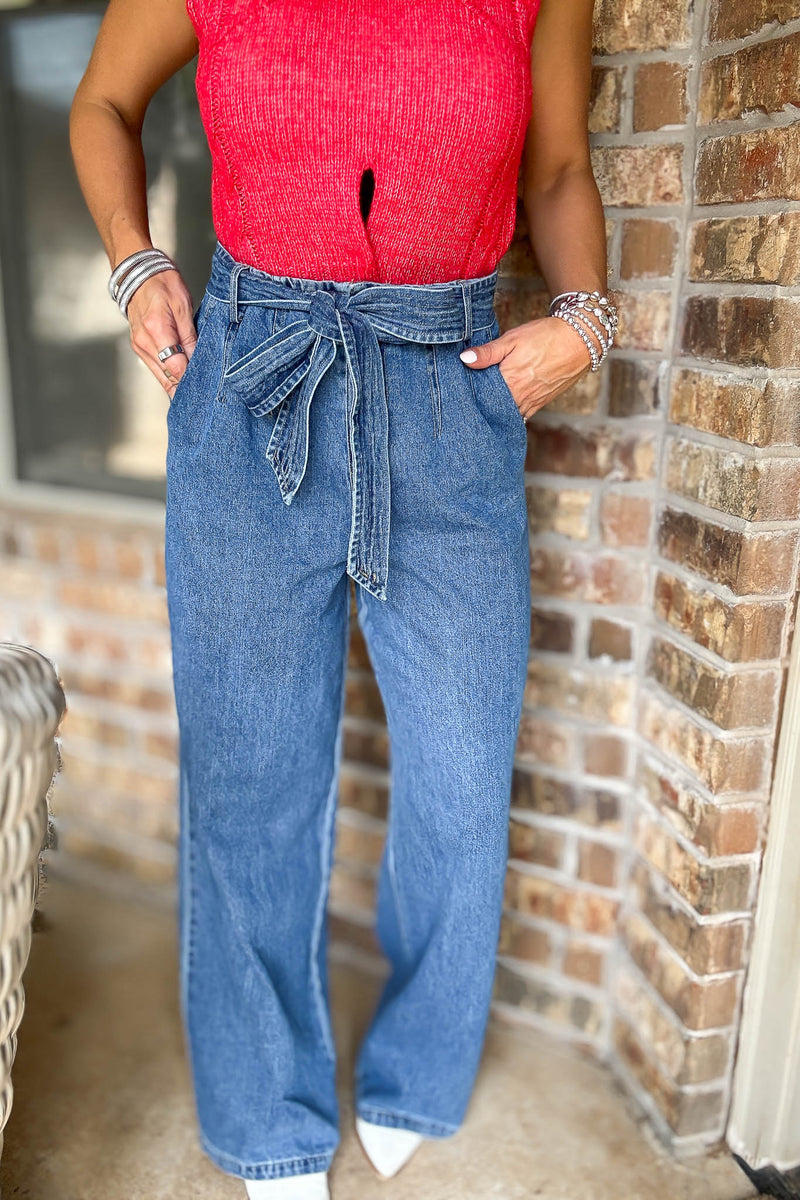 Le Lis Denim Belt Detail High Waist Wide Leg Pants