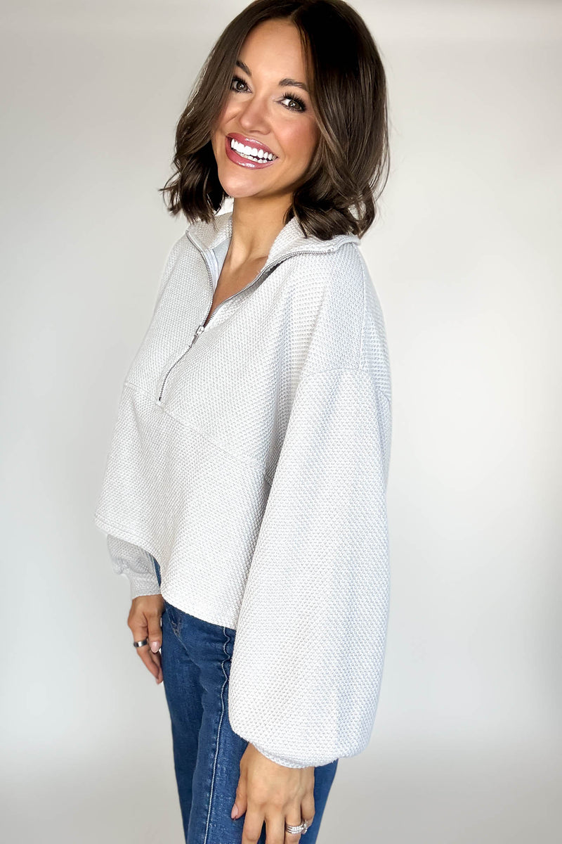 Silver Cotton Thermal Cropped Half Zip Pullover