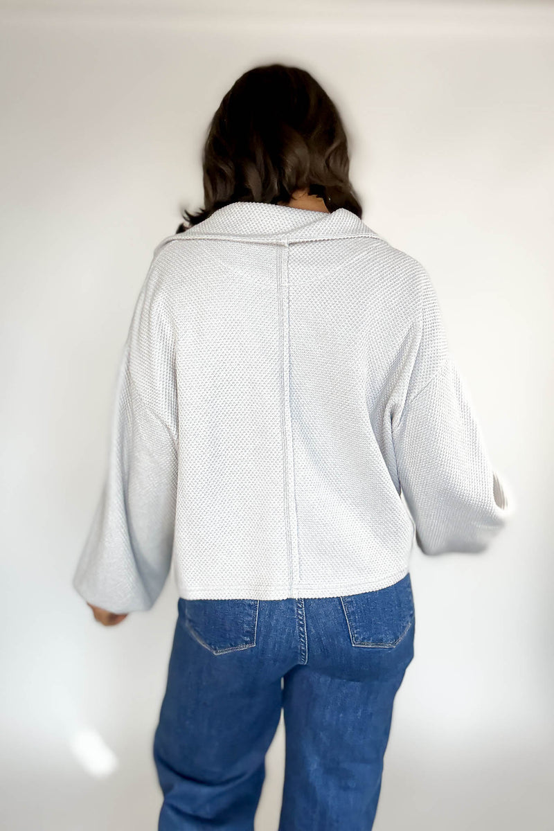 Silver Cotton Thermal Cropped Half Zip Pullover