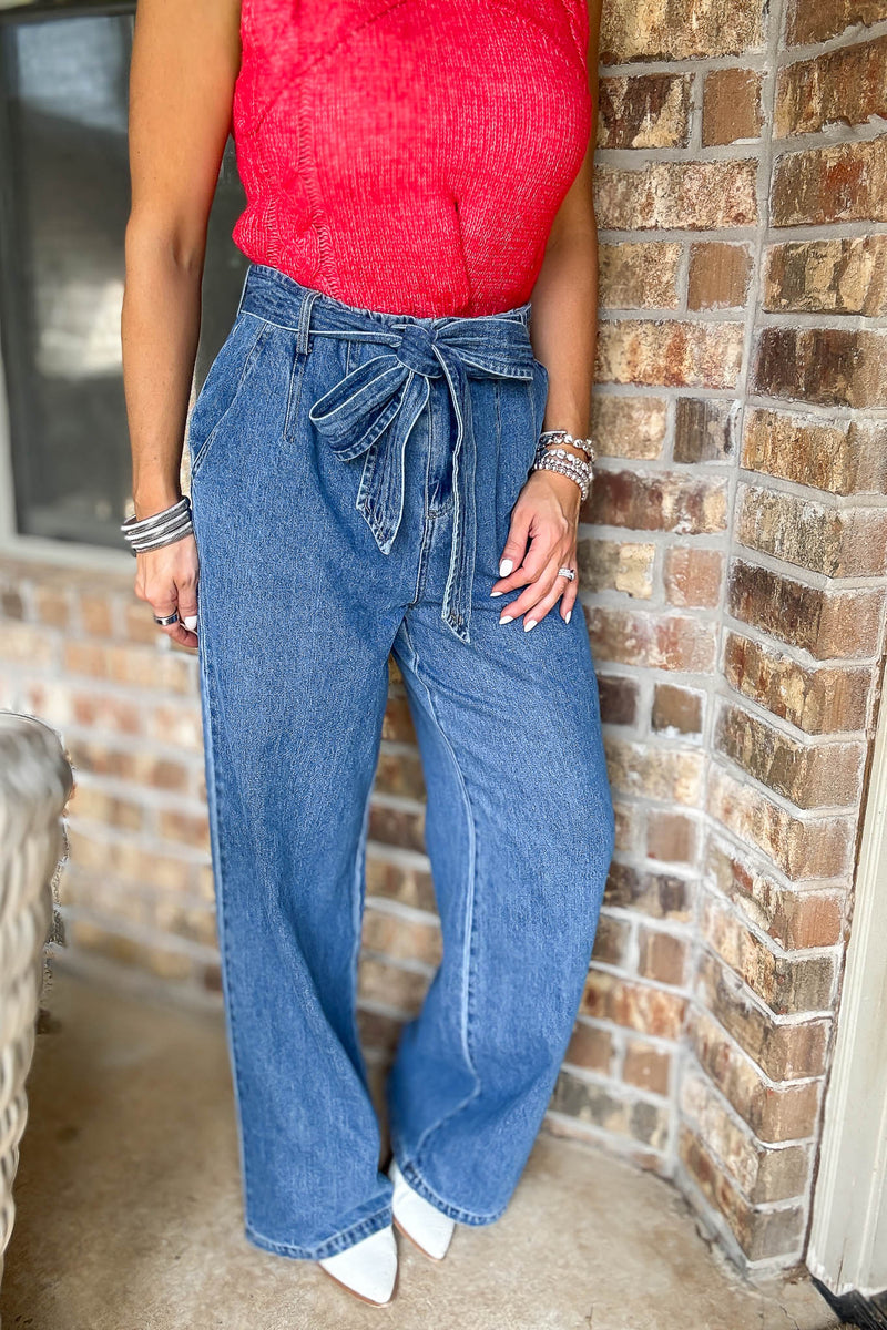 Le Lis Denim Belt Detail High Waist Wide Leg Pants