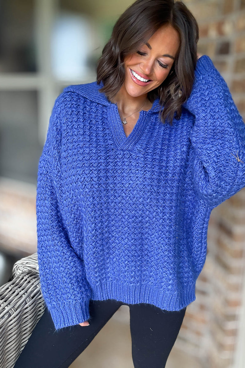 Le Lis Cobalt Collared Knitted Sweater