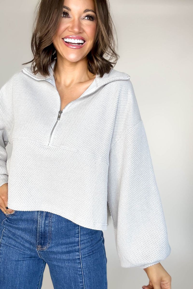 Silver Cotton Thermal Cropped Half Zip Pullover