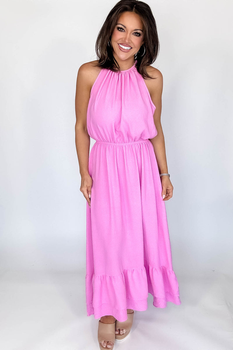 Halter Neckline Pink Solid Maxi Dress