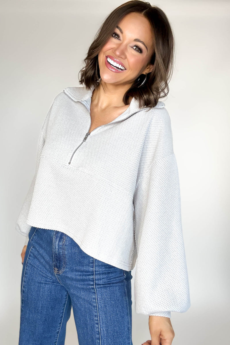 Silver Cotton Thermal Cropped Half Zip Pullover