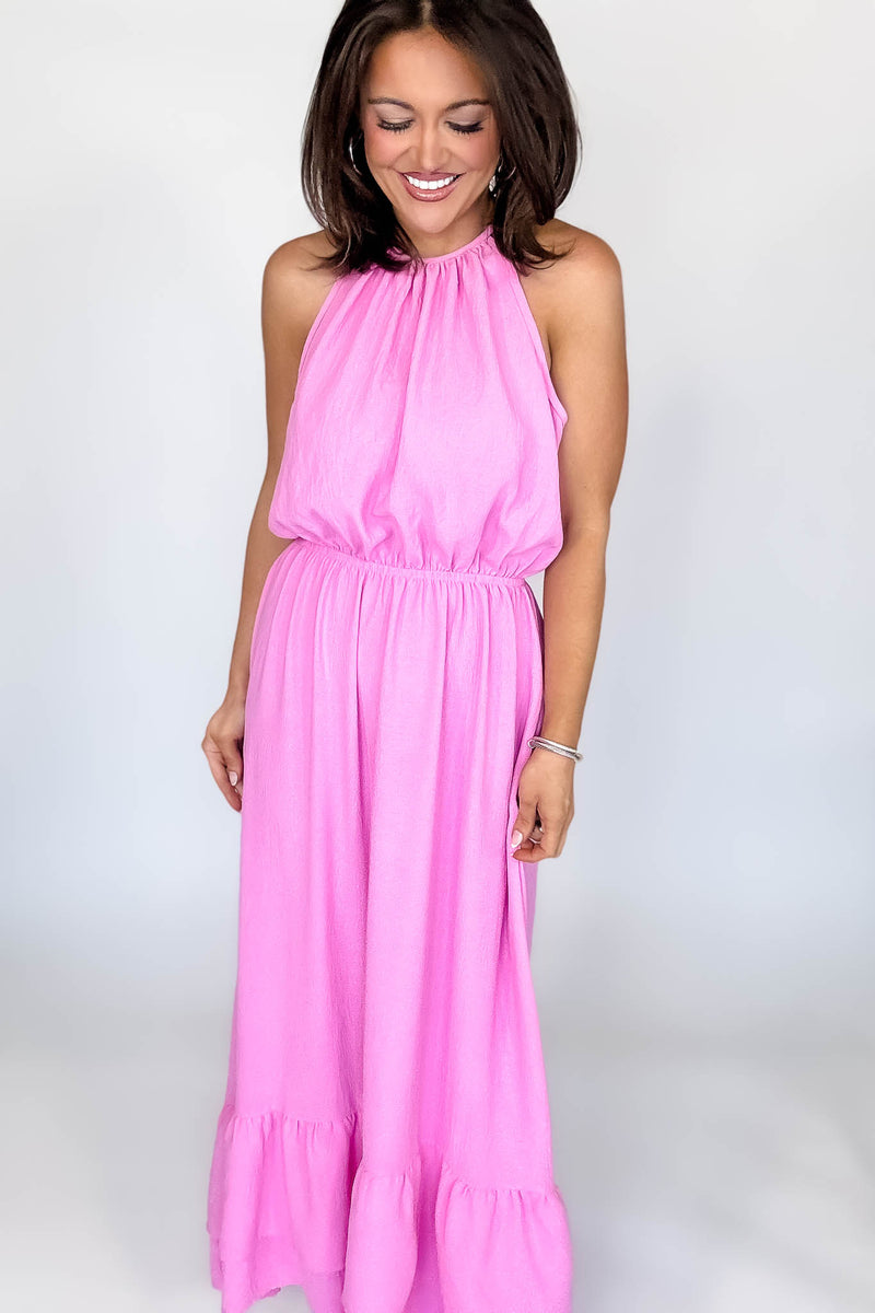 Halter Neckline Pink Solid Maxi Dress