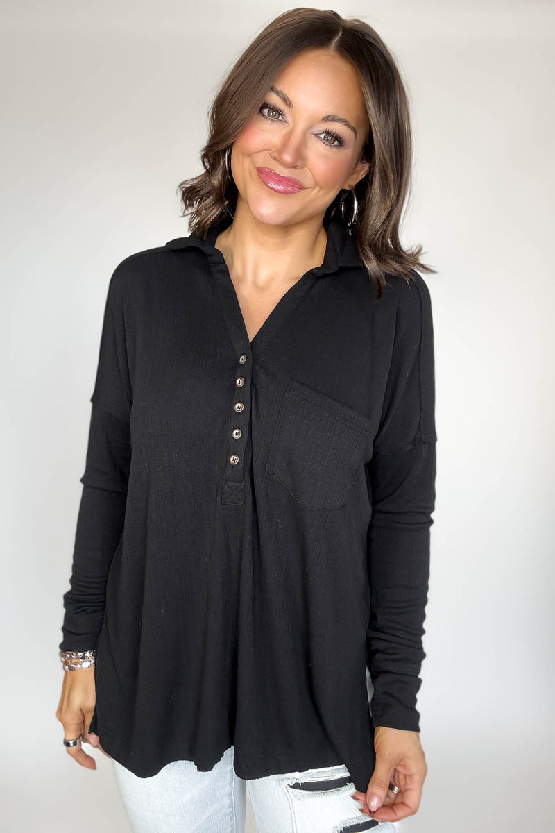 Ribbed Black Long Sleeve Henley Top