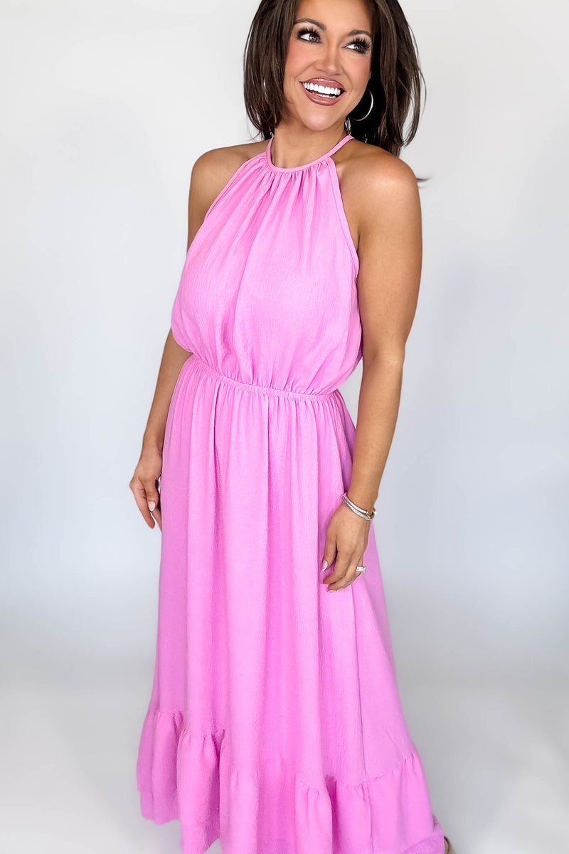 Halter Neckline Pink Solid Maxi Dress