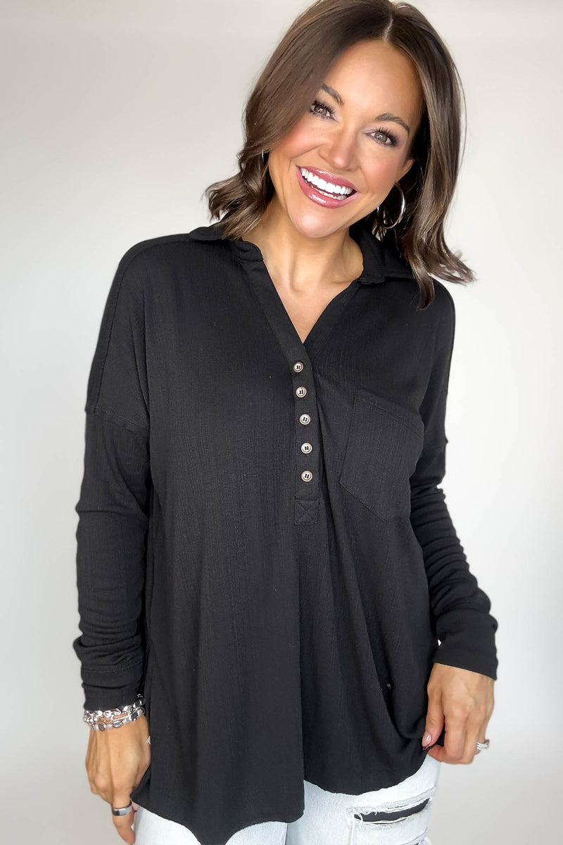 Ribbed Black Long Sleeve Henley Top