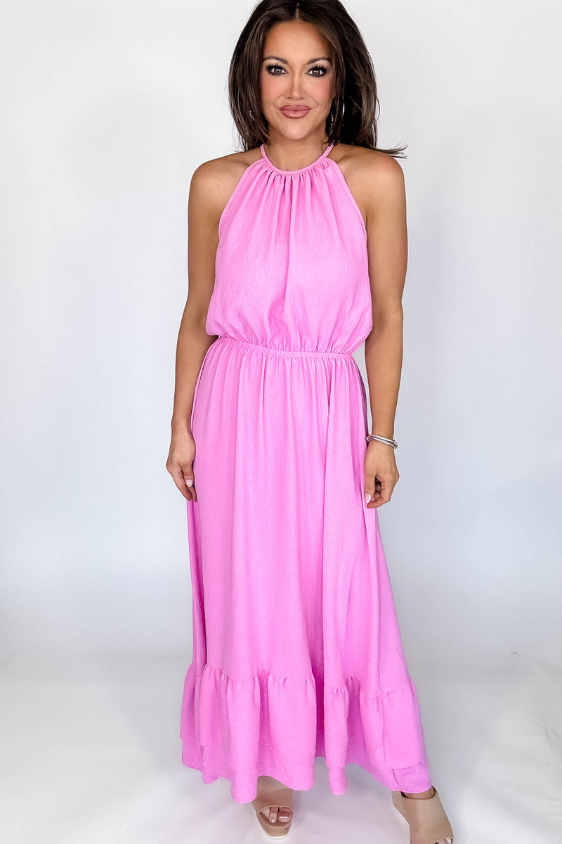 Halter Neckline Pink Solid Maxi Dress