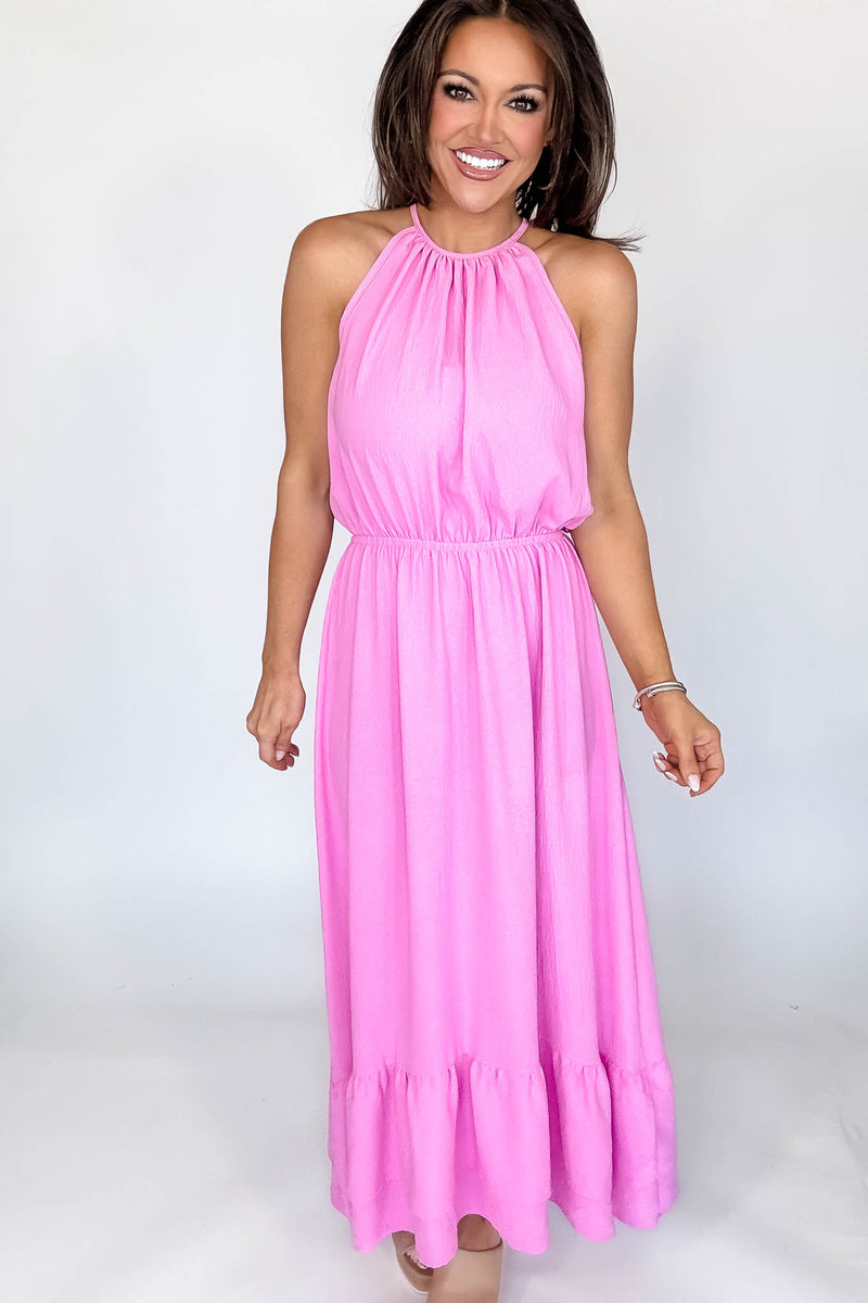Halter Neckline Pink Solid Maxi Dress