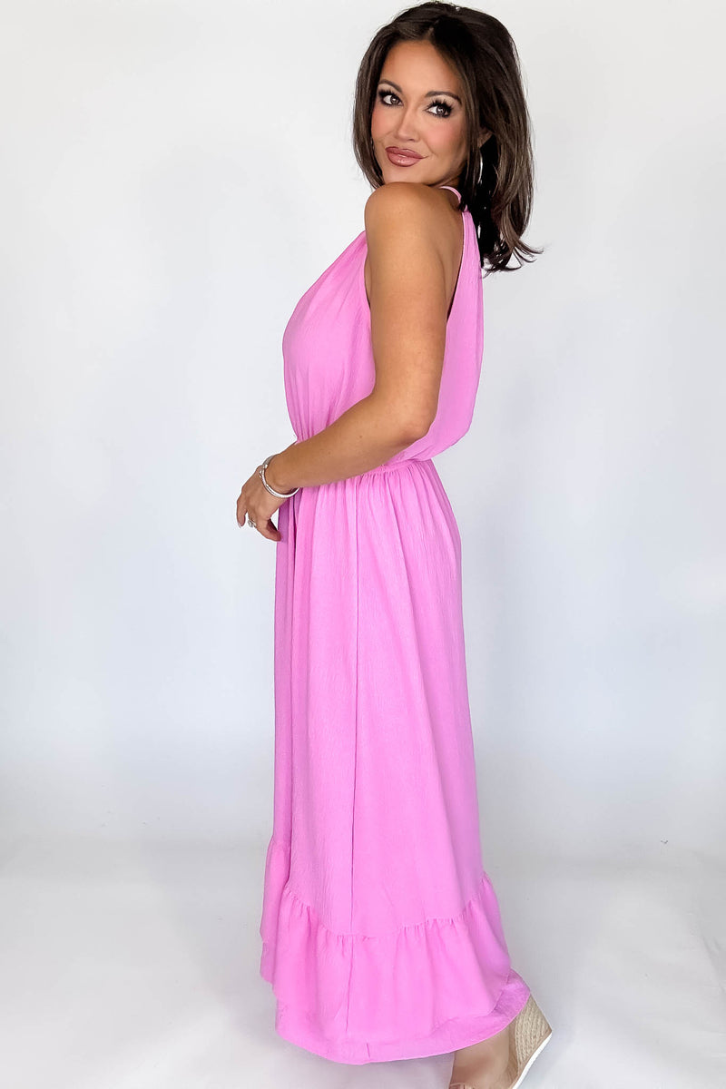 Halter Neckline Pink Solid Maxi Dress