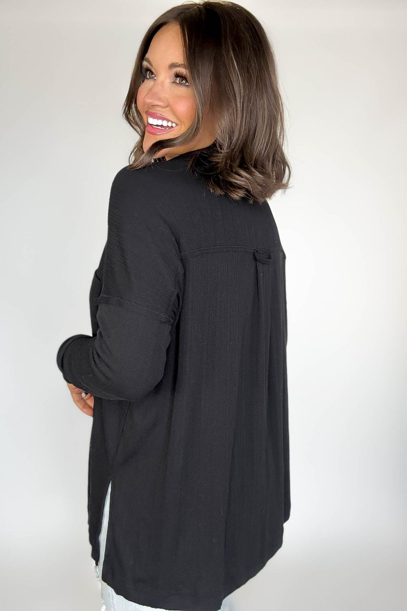 Ribbed Black Long Sleeve Henley Top