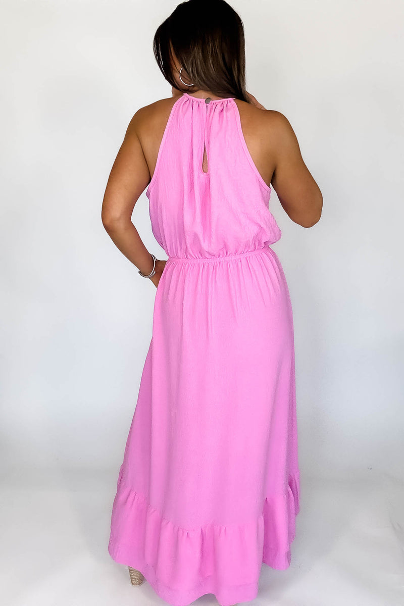 Halter Neckline Pink Solid Maxi Dress
