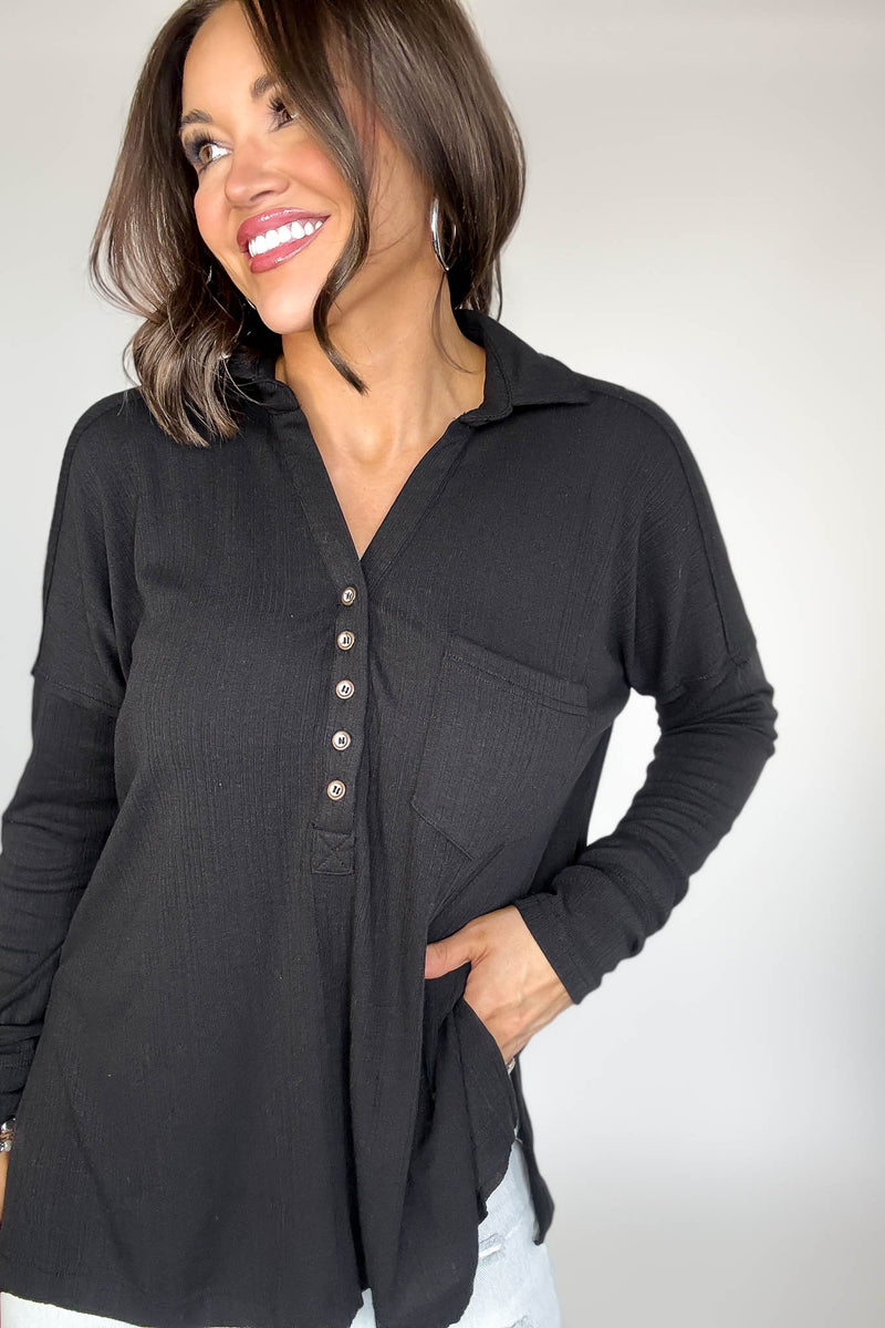 Ribbed Black Long Sleeve Henley Top