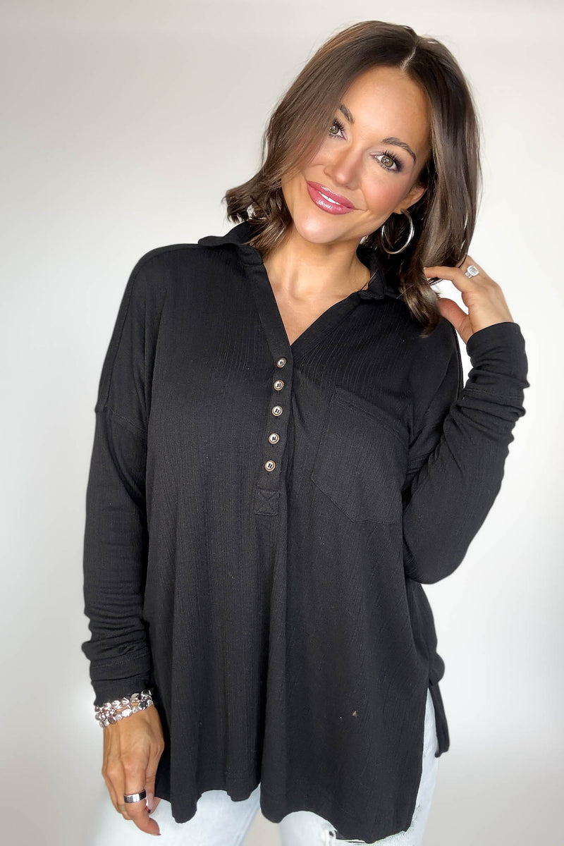 Ribbed Black Long Sleeve Henley Top