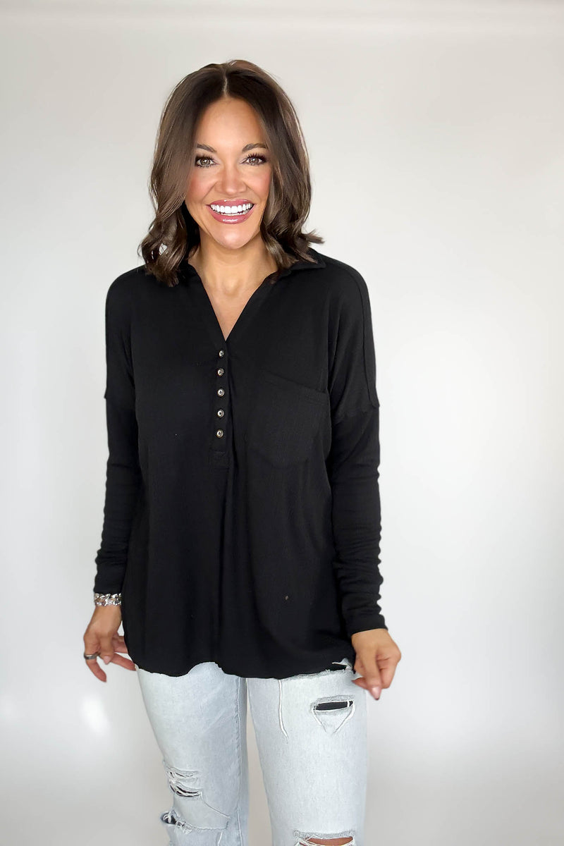 Ribbed Black Long Sleeve Henley Top