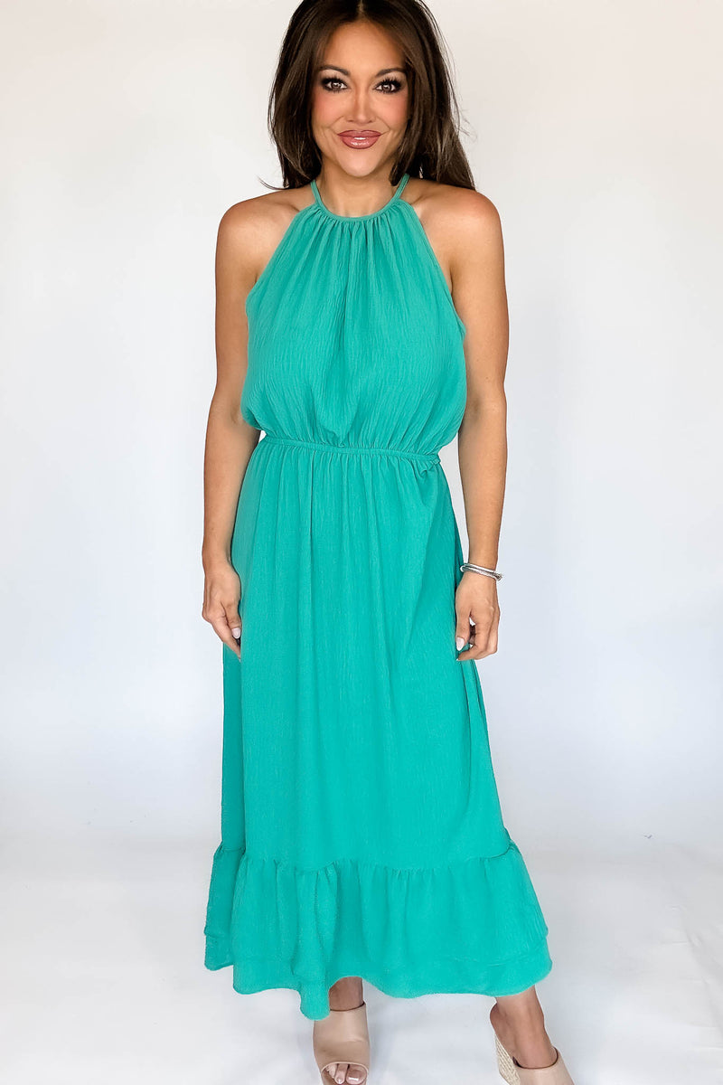 Halter Neckline Kelly Green Solid Maxi Dress (