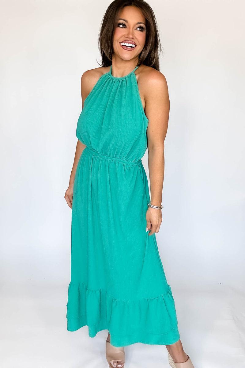 Halter Neckline Kelly Green Solid Maxi Dress (