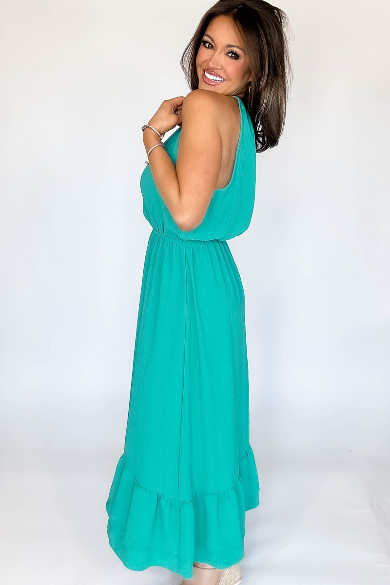 Halter Neckline Kelly Green Solid Maxi Dress (